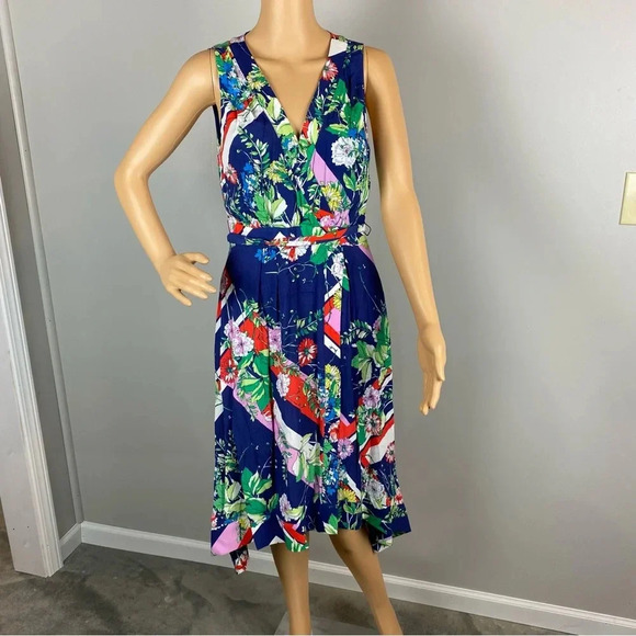 Maeve Anthropologie Womens 6P Blue Floral Midi Length Sleeveless Belted Dress - Picture 1 of 8